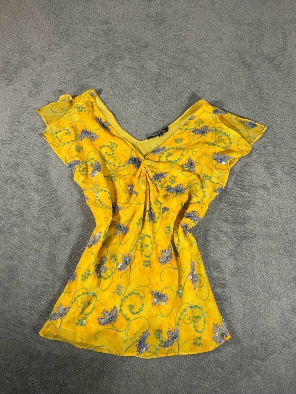 Vintage fairy beaded Yellow blouse with purple & green floral top